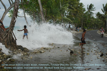 Rising Sea level floods road in Tuvalu