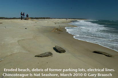 eroded beach and debris of former parking lots